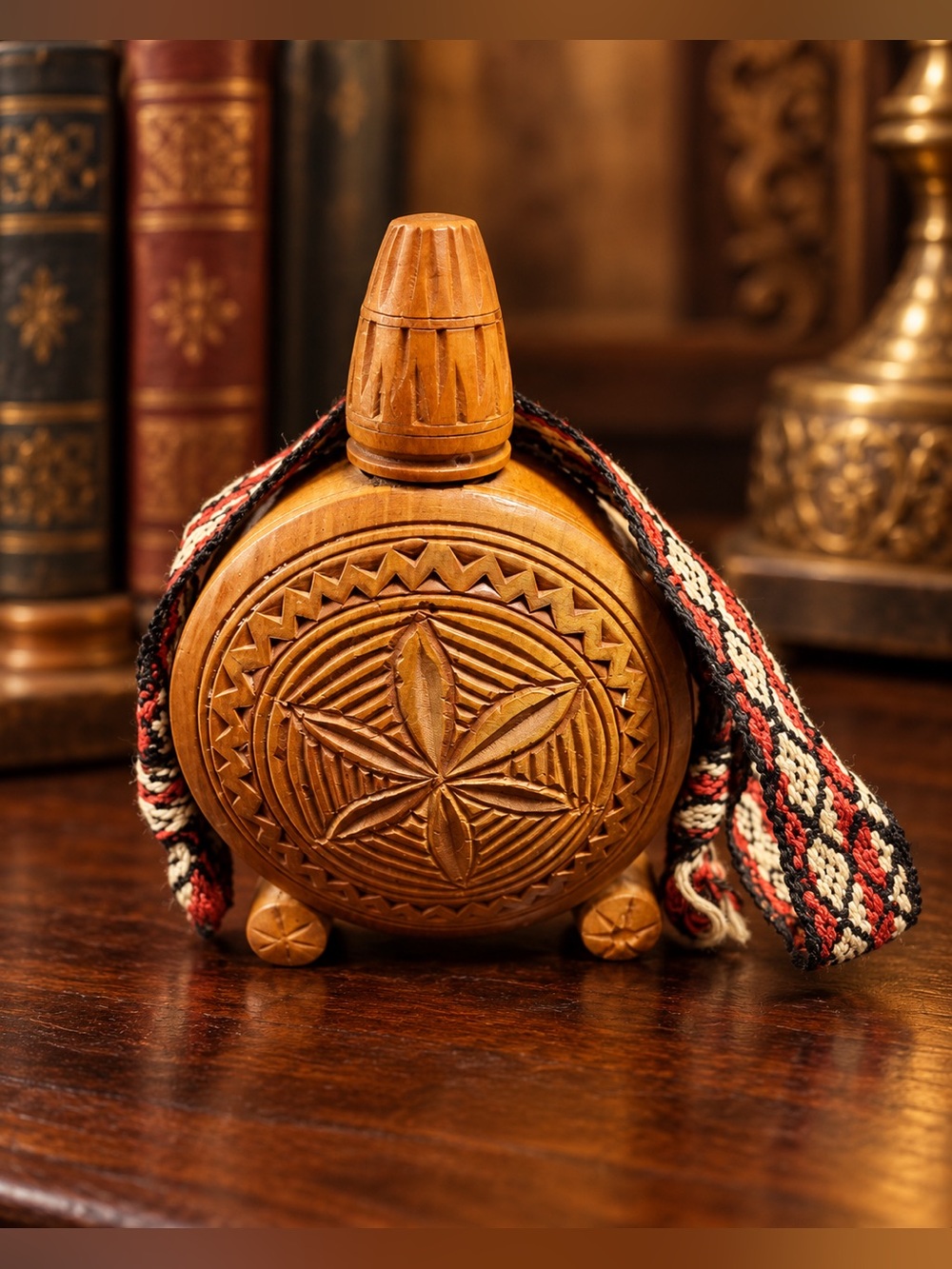 Vintage Hand-Carved Wooden Flask Canteen • Eastern European Folk Art Woven Strap